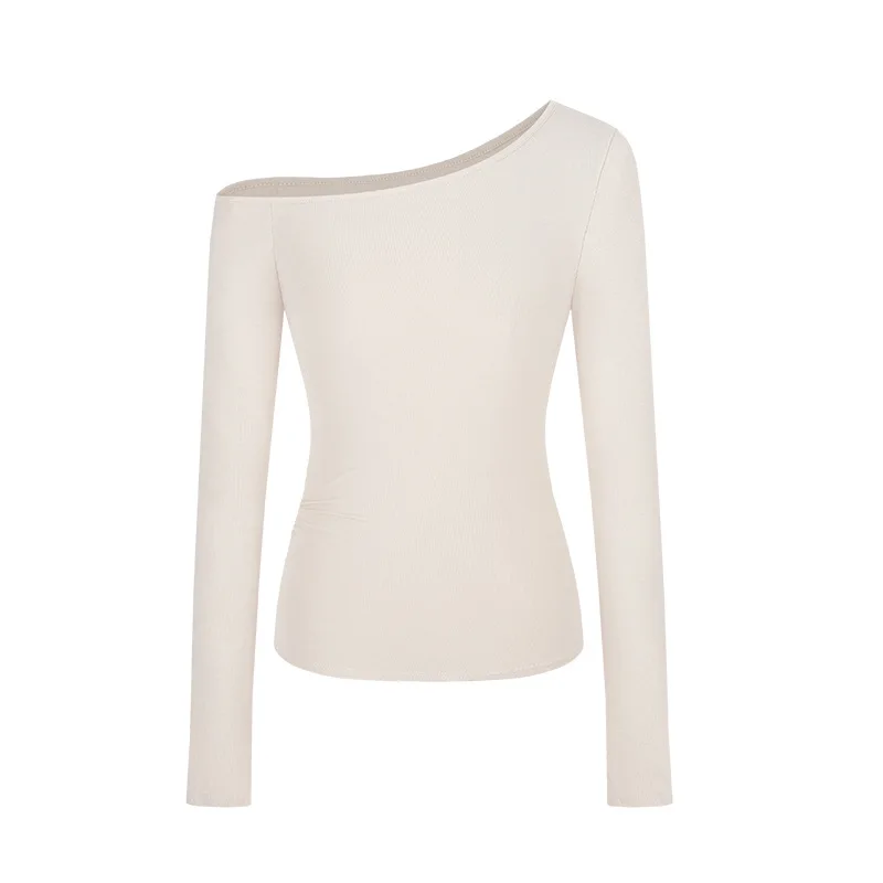 1 szt. Wiosna jesień moda skośny kołnierzyk Off-shoulder t-shirty z długimi rękawami damskie nowe solidne Slim Fit seksowne koszulki koszule studenckie topy