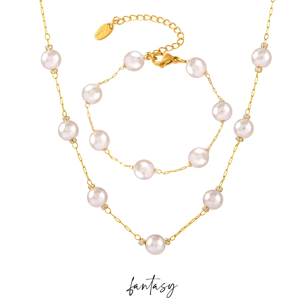 Elegant Shell Beaded Necklace 316 Stainless Steel Gold Plated Chain Bracelet Set Gift 2pcs Women's Wedding Jewelry Accessories
