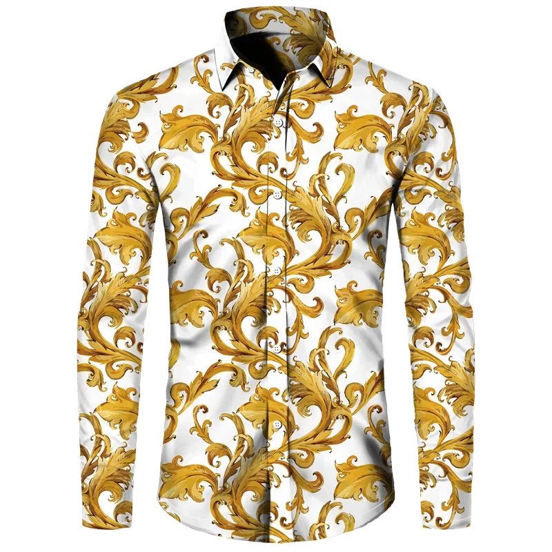 2024 New Luxury Golden Flower Chain 3D Print Men Lapel Button Shirts Long Sleeve Shirt Casual Mens Designer Clothing Streetwear