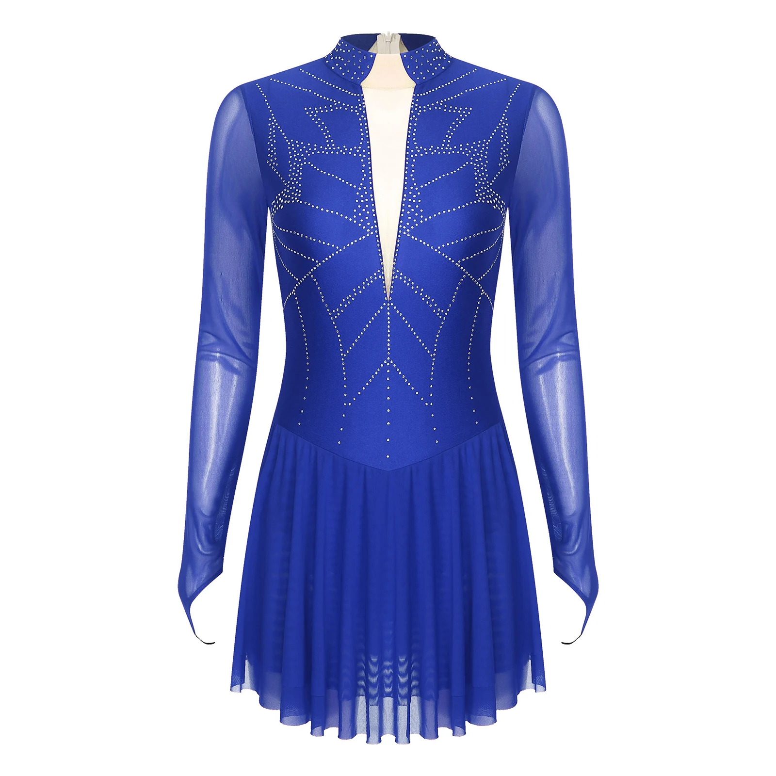 Women Figure Skating Dress Lyrical Dance Ballet Gymnastics Performance Dancewear Long Sleeve Shiny Rhinestones Mesh Leotard Tutu