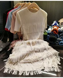 Miyake Pleated Women Dress Summer Short Sleeve Long Classic Korean Fashion Casual Elegant Female Solid Tassel Beach Dress