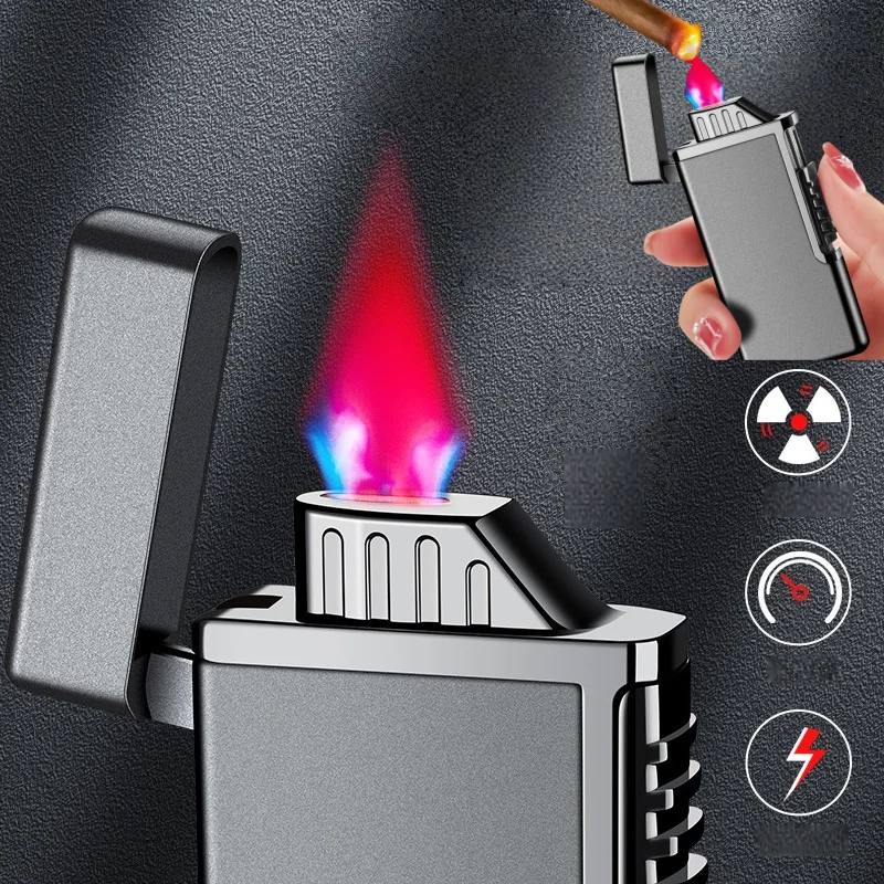 2026 Metal Flat Mouth Red Fire Windproof Lighter Visual Gas Window Creative Gift Gradient Color Smoking Set Flushing Gas Lighter