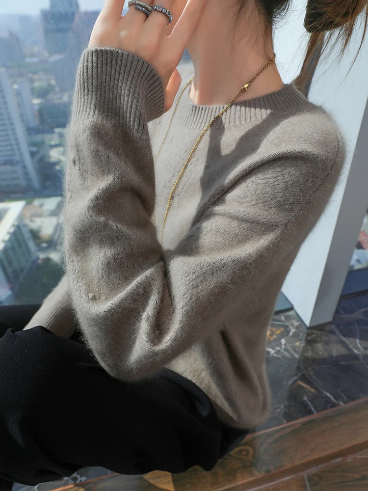 

TLOML New Women's 100% Mink Cashmere Sweater O-Neck Pullover Basic Casual Autumn Winter Soft Warm Solid Comfy Bottom Clothing