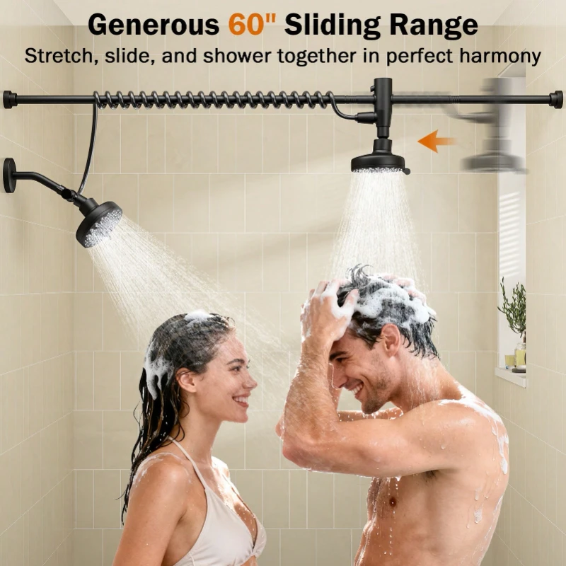 Tandem Shower Head for Couples Dual with Adjustable Slider High Pressure Double System for Two People Black