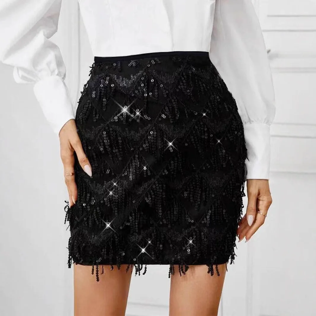 Women's Decorative Flowy Fringed Sequined Half-length Skirts Sexy Diamonds Versatile Style Y2k Skirt