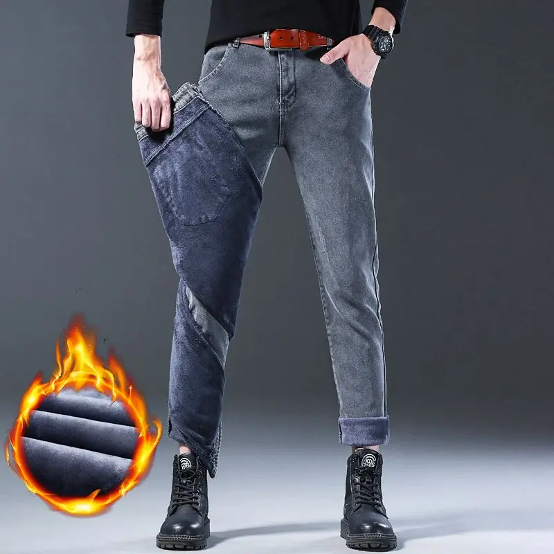 Autumn Winter Men Stretch Skinny Denim Long Pants Fleece Lined Warm Thick Jeans Solid Gray Thermal Trousers For Men Daily Casual