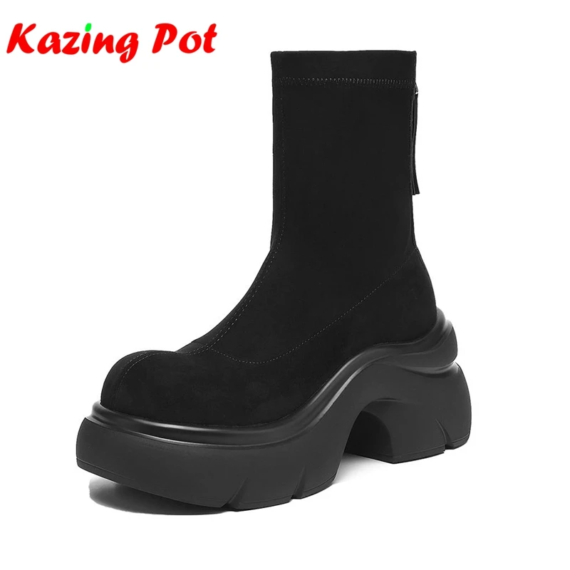 

Flock Thick Bottom Motorcycle Boots Chunky Heels Keep Warm Winter Autumn Flat Platform Leisure Cozy Women Elastic Ankle Boots