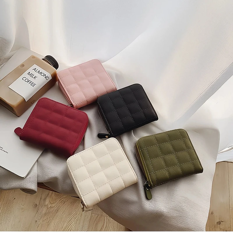 DHL50pcs Wallets Women PU Grid Multifunctional Two Foldable Short Card Holder