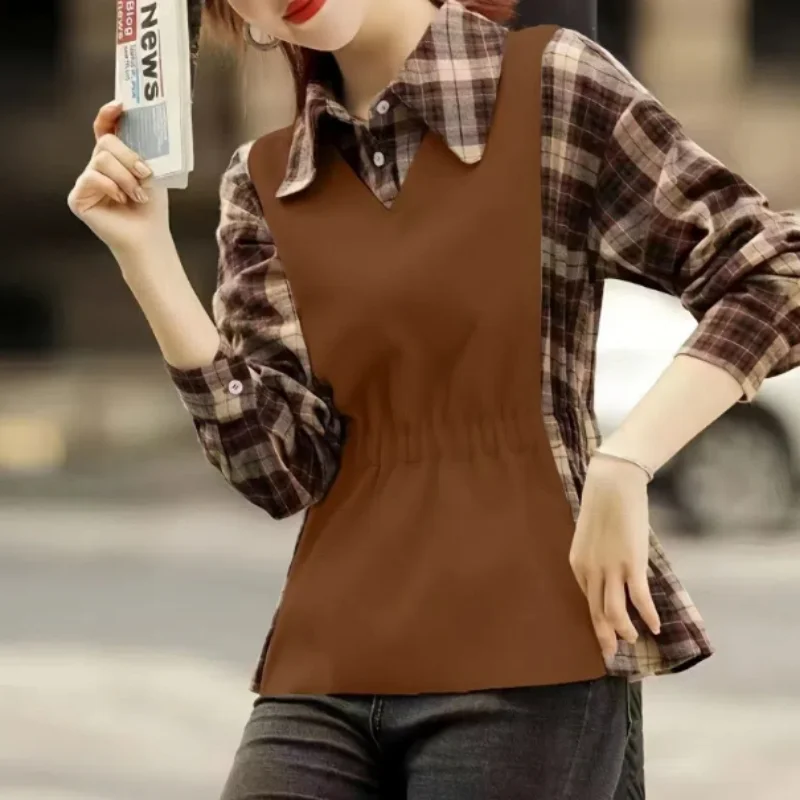 

Весенне-осенний клетчатый женский пуловер с отложным воротником и пуговицами, лоскутная футболка с длинными рукавами, повседневные искусственные топы из двух предметов