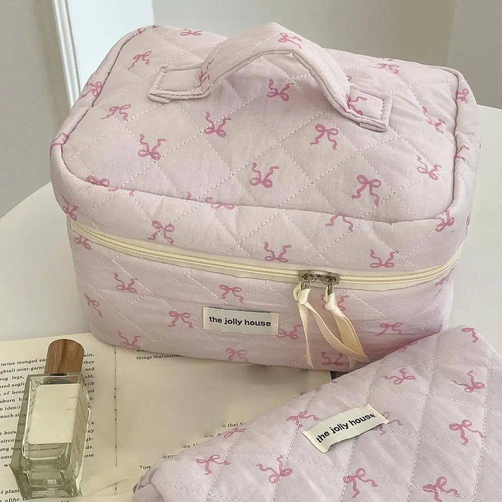 Pink Bowknot Quilting Women Cosmetic Bag Portable Zipper Makeup Travel Organizer borsa da toilette per donna per ragazze