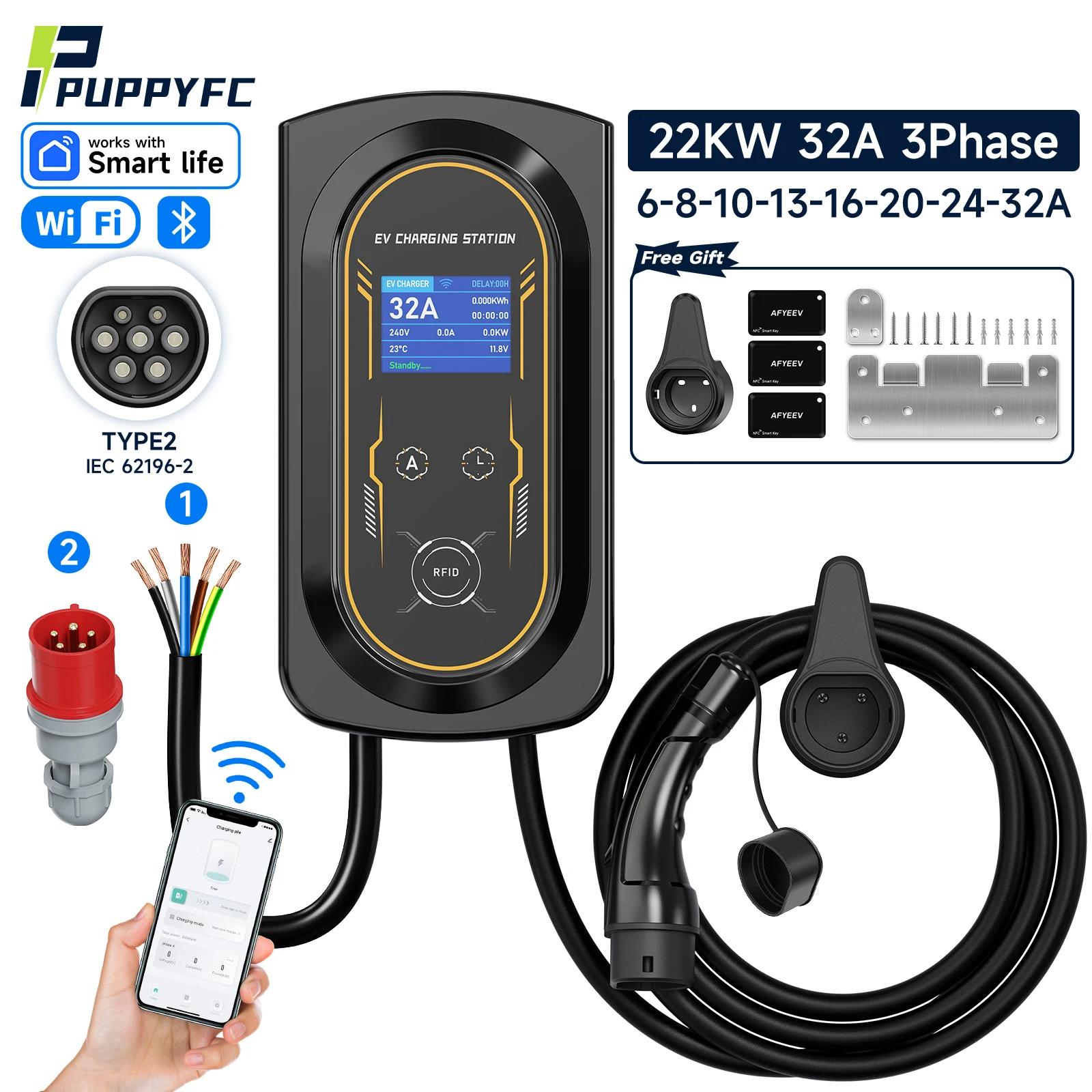 

Зарядная станция Puppyfc для электромобилей, 32А, настенный зарядный блок EVSE, 7.6/11/22 кВт, кабель Type2, розетка IEC62196, управление через приложение