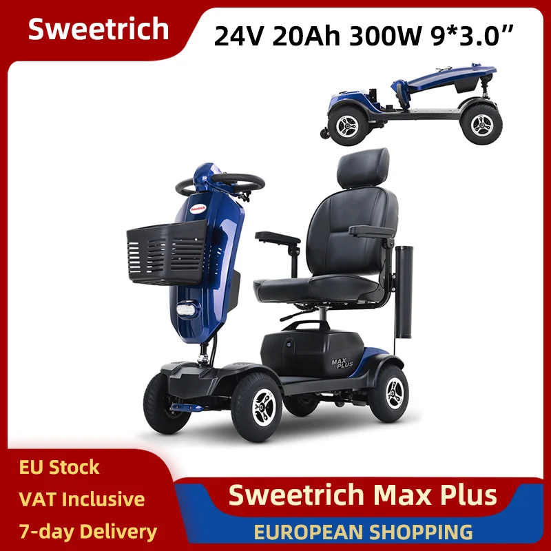 Sweetrich Max Plus Scooter Elettrico Pieghevole 300W 24V 20Ah 9*3.0 Pneumatici E-scooter con Sedile Girevole per Anziani 6 km/h Blu