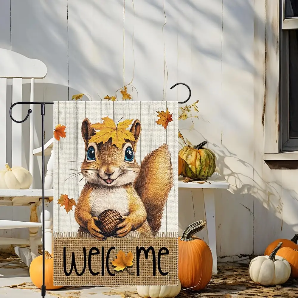 Fall Garden Flag, Welcome Lovely Squirrel Garden Flags For Outdoor, 12x18 Inch Double Sided Small Burlap Autumn Maple Leaf V xxl