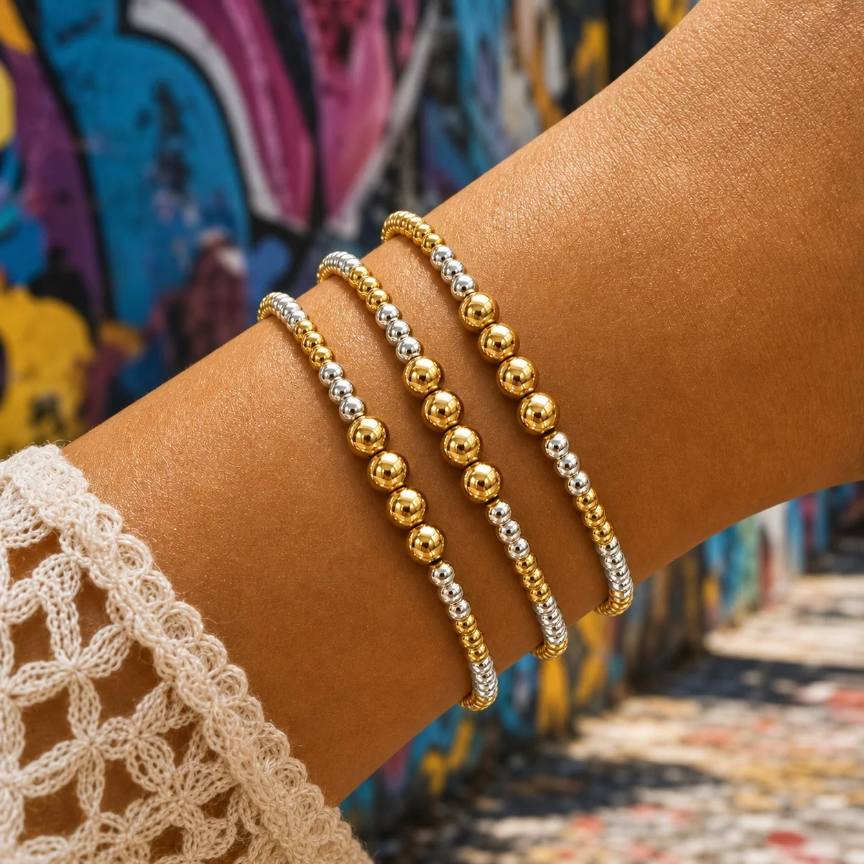 3pcs Gold and Silver Round Bead Bracelet Copper Metal Minimalist Stackable Beaded Bracelet for Women Men Street Style