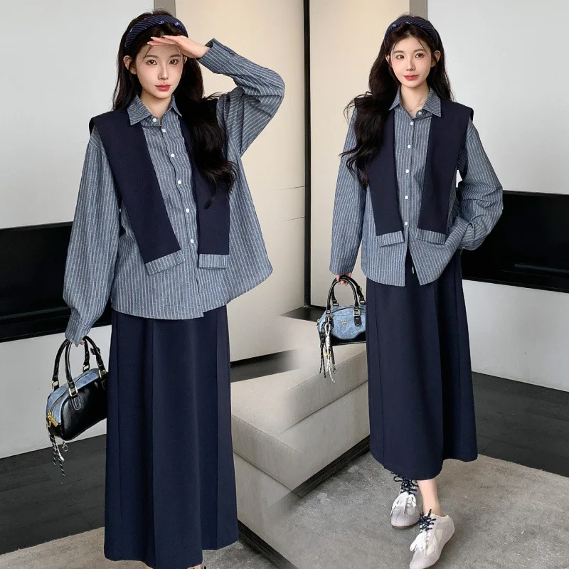 Camisa a rayas de manga larga para maternidad, traje de 3 piezas con chal y falda, moda informal holgada, estilo coreano, Vibe perezoso, otoño