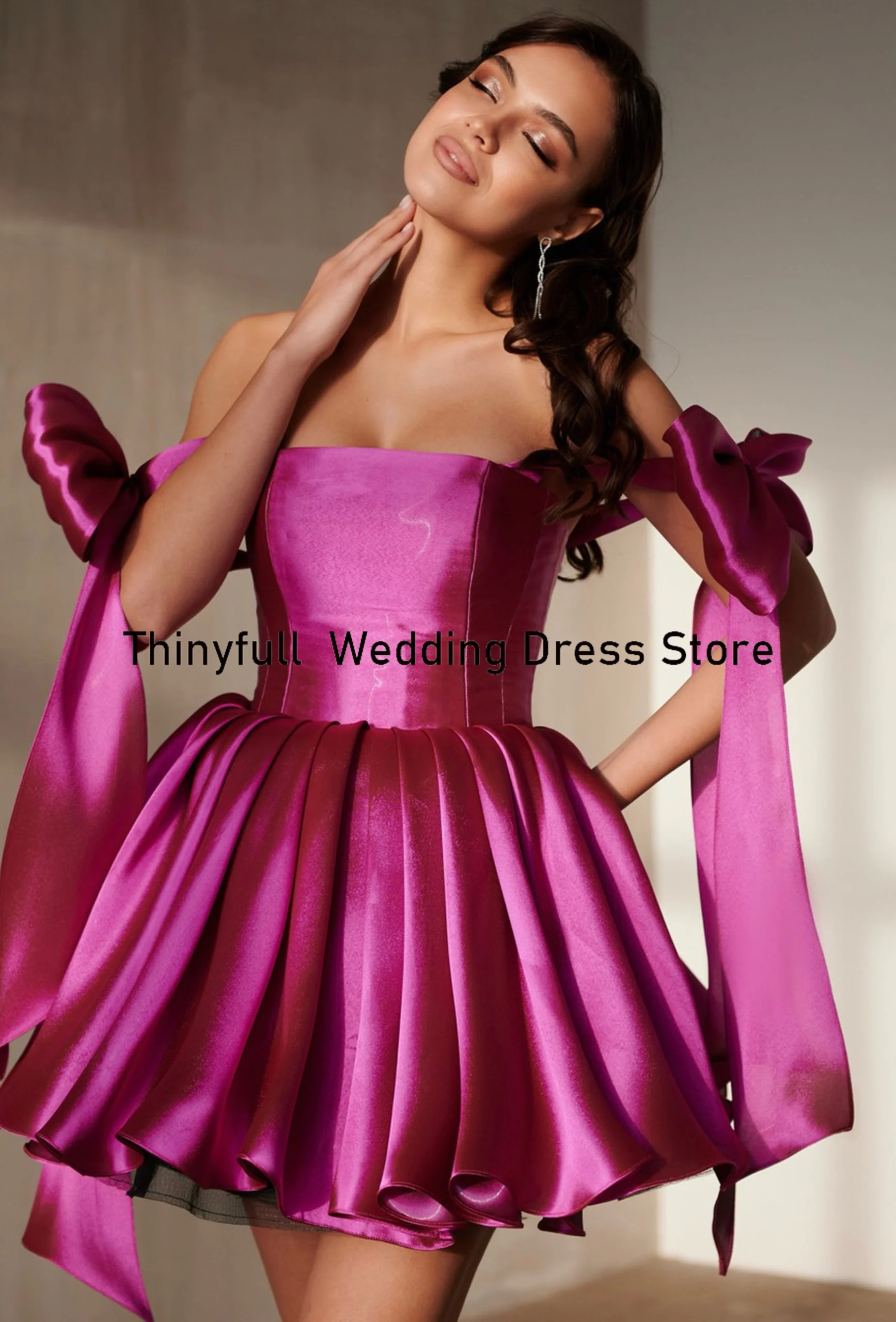 Thinyfull Short Homecoming Evening Dresses A-line Strapless Spaghetti Strap Prom Dress Satin Girl Birthday Formal Occasion Gown