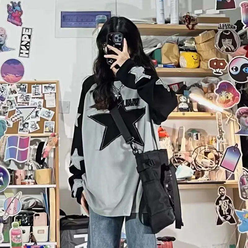 Imagem -04 - Camisola Kpop Harajuku Cinza Estrela Y2k Hippie Grunge Patchwork Letter Hoodie Coreana Oversize Camiseta de Manga Comprida Feminina Outono