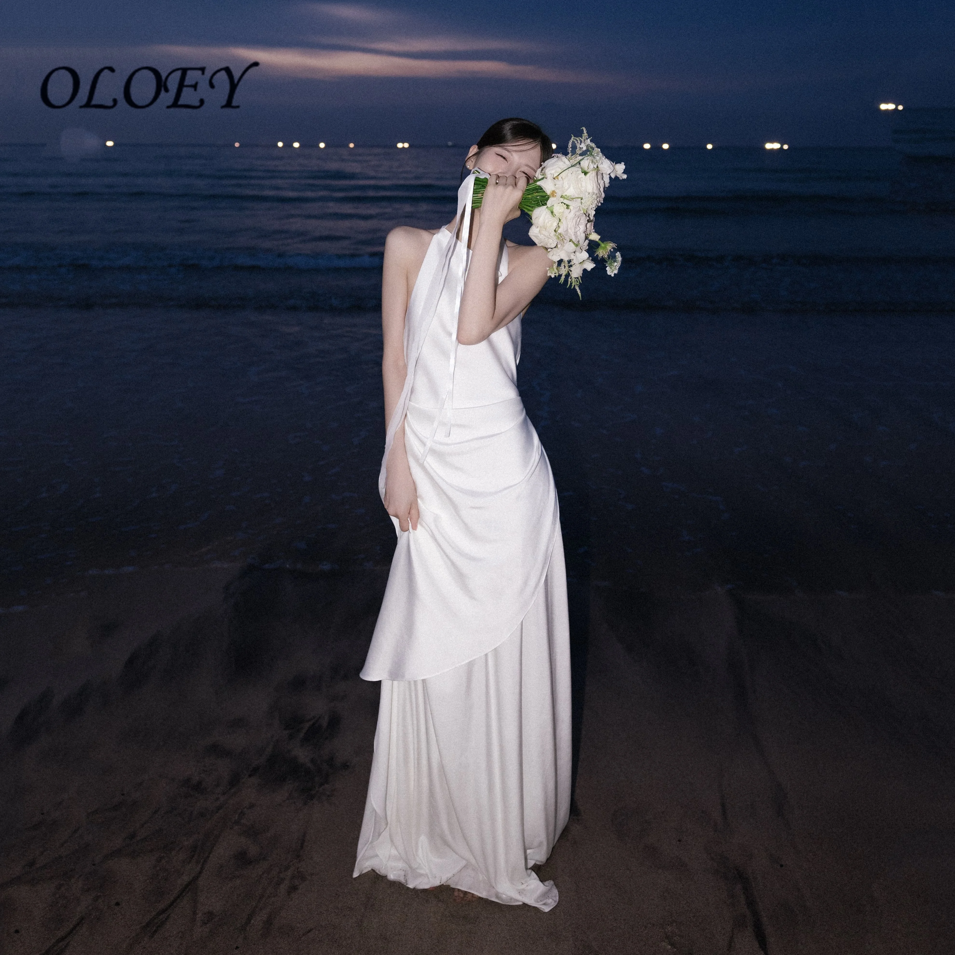 Oloey Customized 2027 White Satin Wedding Dress Halter Neck Asymmetrical Beach Bridal Gown Civil Engagement Party Dress