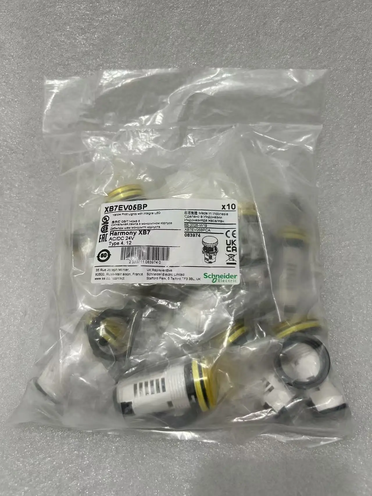 10-pz-xb7ev05bp-spia-luminosa-monolitica-plastica-gialla-Ø22-led-integrato-24-v-ac-dc