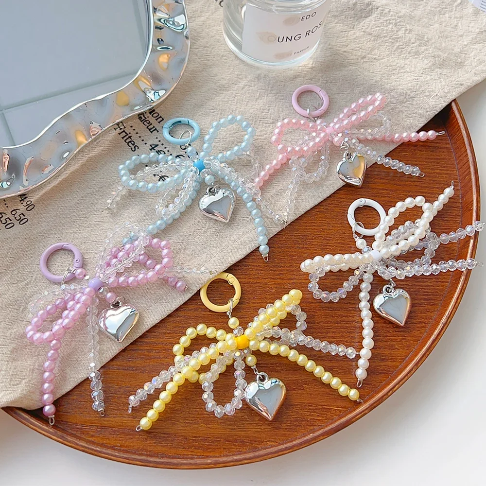 Y2K Lattice Ribbon Bowknot Pearls Bag Pendant Charm Heart Keychain Elegant Beaded Keyring Sweet Key Chain Phone Key Bag Hangings