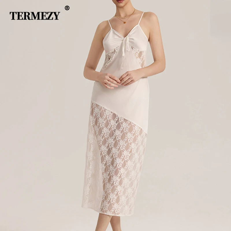 

TERMEZY женская сексуальная атласная ночная рубашка с кружевными вставками, сексуальная элегантная однотонная сетчатая нижнее белье макси, шелковистая прозрачная ночная рубашка с открытой спиной