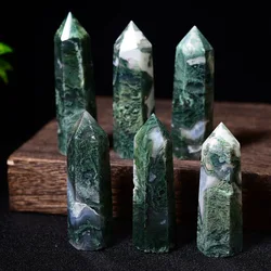Natural Crystals Moss Agate Wands Healing Chakra Stones 6 Faceted Prism Aquatic Agate Single Point Tower Home Decor