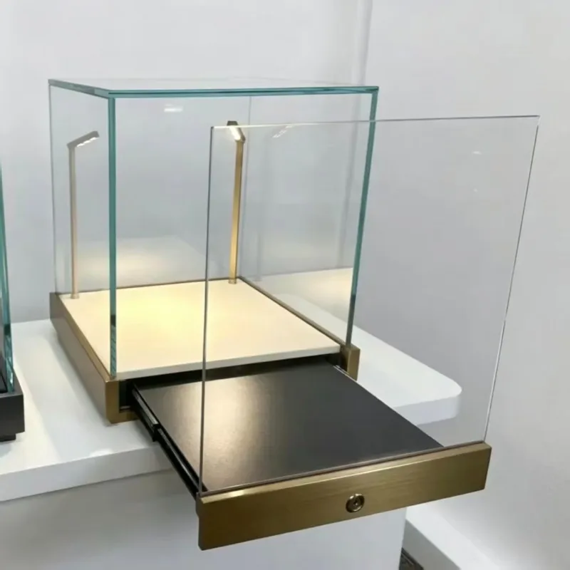 Desktop Lockable Glass Jewelry Display Cabinet Stainless Steel Base LED Light Deluxe Display Box