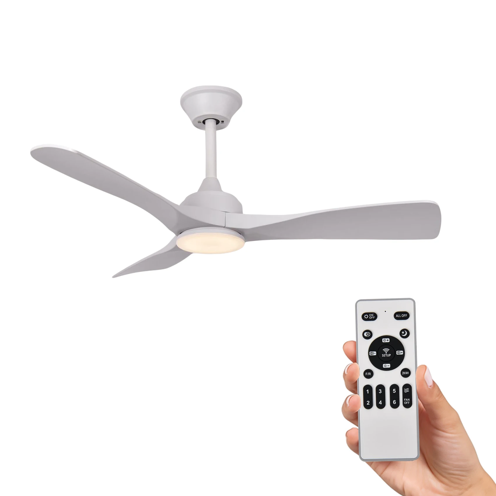 Ventilador de Techo Grande con Luz y Mando 106CM/132cm (42"/52"), Motor DC Silencioso, 3 Aspas ABS Efecto Madera Clara, Lámpara LED Regulable, Estilo Nórdico para Salón, Blanco y Madera