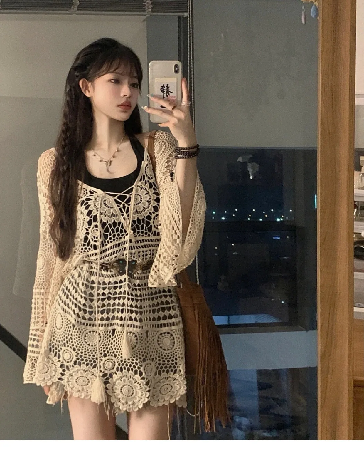 Crochet Lace Tunic Top Boho Beach Cover-up Lantern Sleeve Tassel Open Knit Longline Jacket Women Spring Summer 2026 Cottagecore