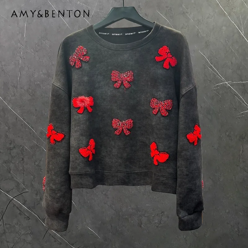 

2025 Autumn Heavy Industry New Embroidered Rhinestone Bow Crew Neck Sweatshirt For Women's Y2k Loose Casual Short Top Sudaderas