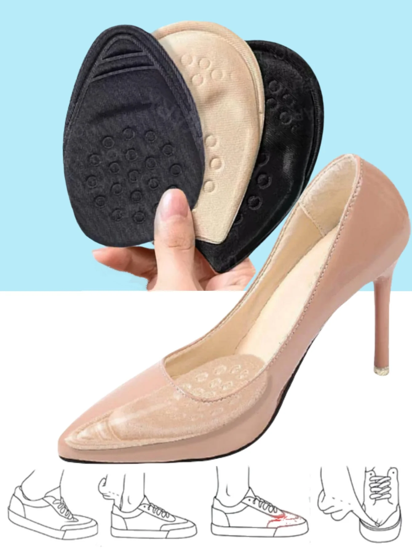 Half Insoles for Shoes Inserts Forefoot Insert Non-slip Sole Cushion Reduce Shoe Size Filler High Heels Pain Relief Shoe Pads