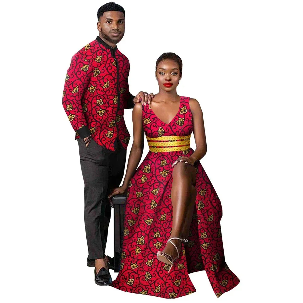 

On Sale! African Clothes for Couples Women Ankara Print Split Long Dresses Match Men Outfit Bazin Shirts Top Party Evening Dress