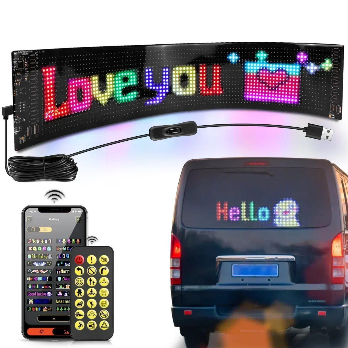 

Car Dynamic Advertising LED Sign USB 5V Bluetooth App Control Logo Light Custom Text Pattern Animation Programmable Display Car