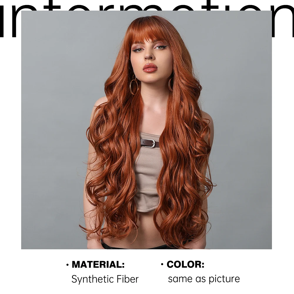 Red Brown Long Curly Wavy Wigs for Women Natural Synthetic Hair Wig with Bangs Heat Resistant Daily Cosplay Use Fake Hair 30Inch