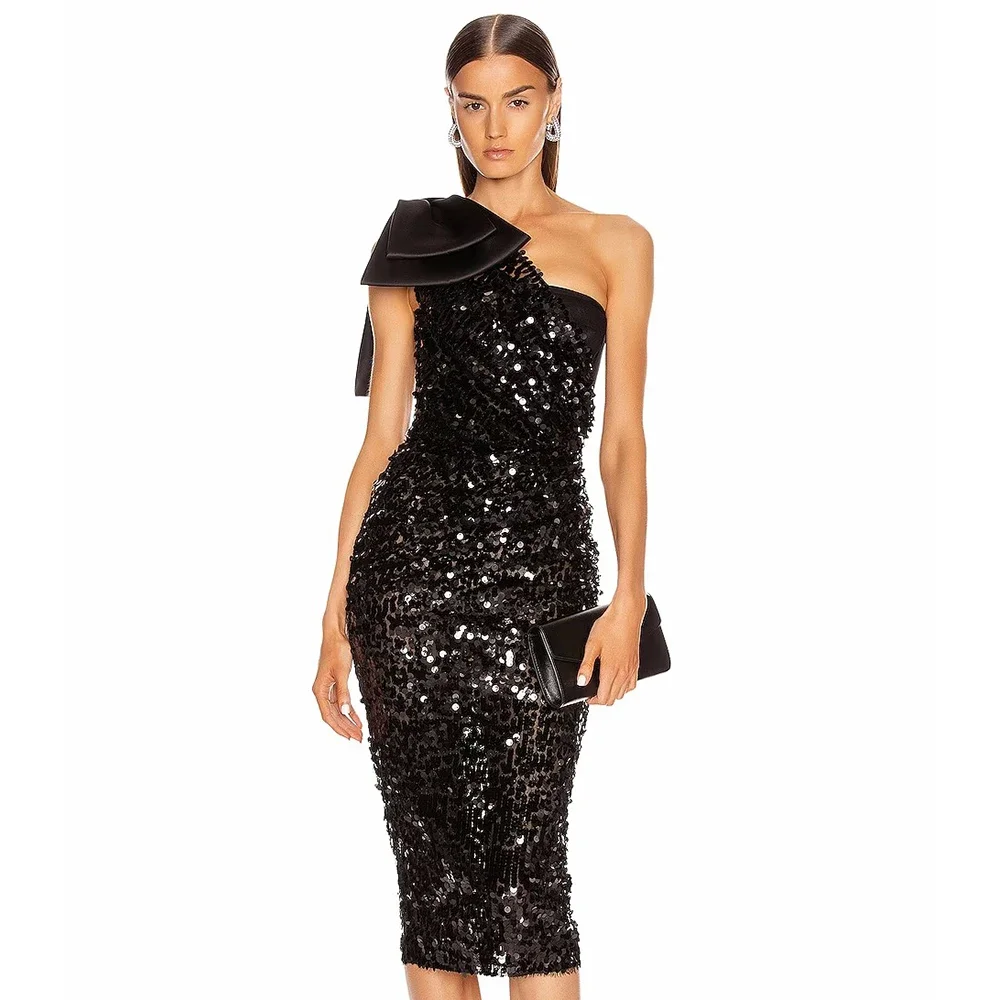 

2024 New Women's Sexy One-Shoulder Bow Glittering Sequin Tight-Fitting Midi Dress Elegant Celebrity Party Gown Vestidos