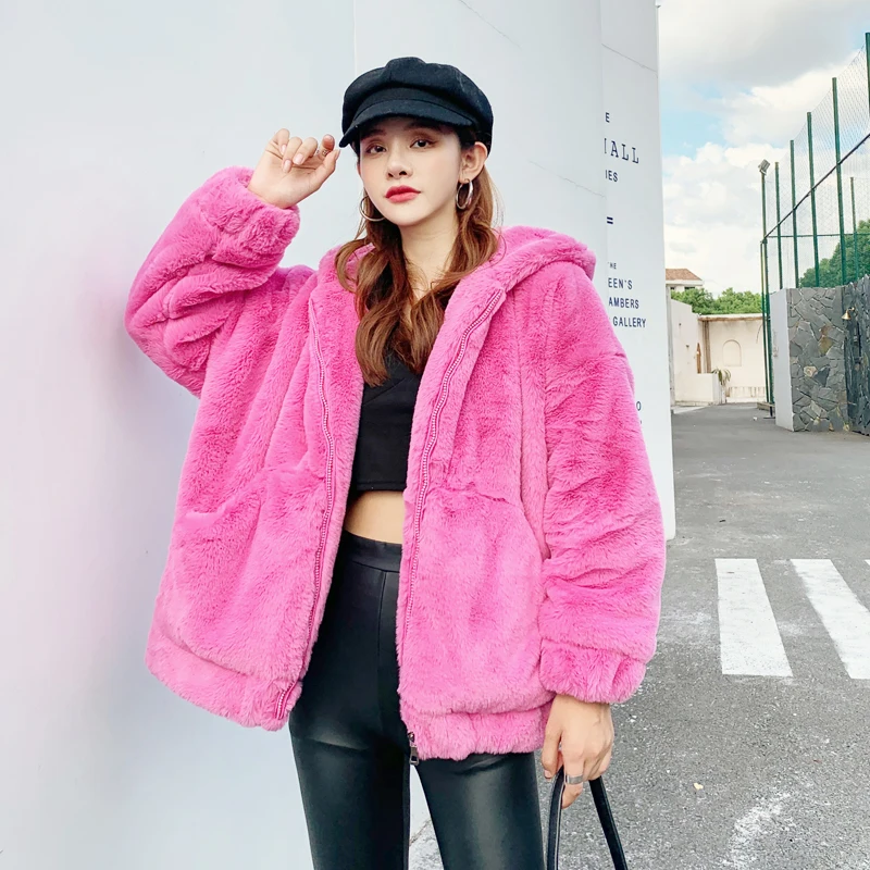 Autumn/Winter Women's Sweater Coat Loose Hooded Plush Fashion Thickened Warm Fur Otter Rabbit Hair Medium Length 2024