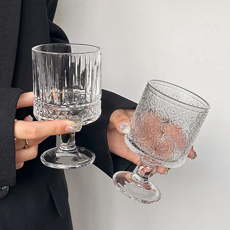 250ML Korean Style Engraved Embossed Small Goblet Glass Cup For Soju Sake Liquor Short Stemmed Glass