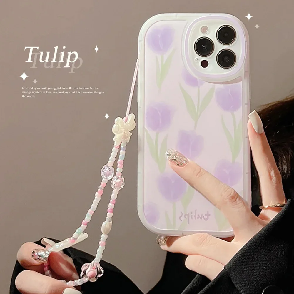 Romantic Purple Tulip Phone Case with Lanyard for iPhone16 15 14 12 13 11 Pro ProMax Plus X XR Xsmax Shockproof Soft Phone Cover