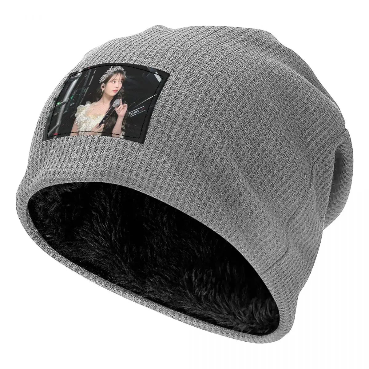 IU Lee Ji-eun Korean Actress I-idol Waffle Knit Fleece Lined Beanie with PU Leather Patch Unisex Warm Winter Soft Cap