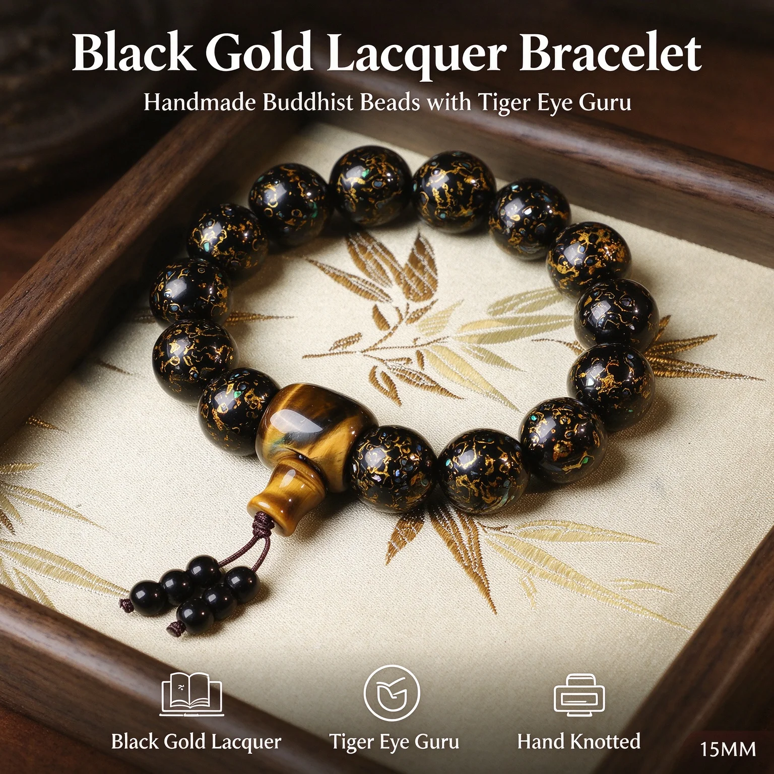 Lacquer Three Way Black Gold Bracelet Couple Style Bracelet Jewelry Wooden Craft Prayer Beads Home Decor Gift