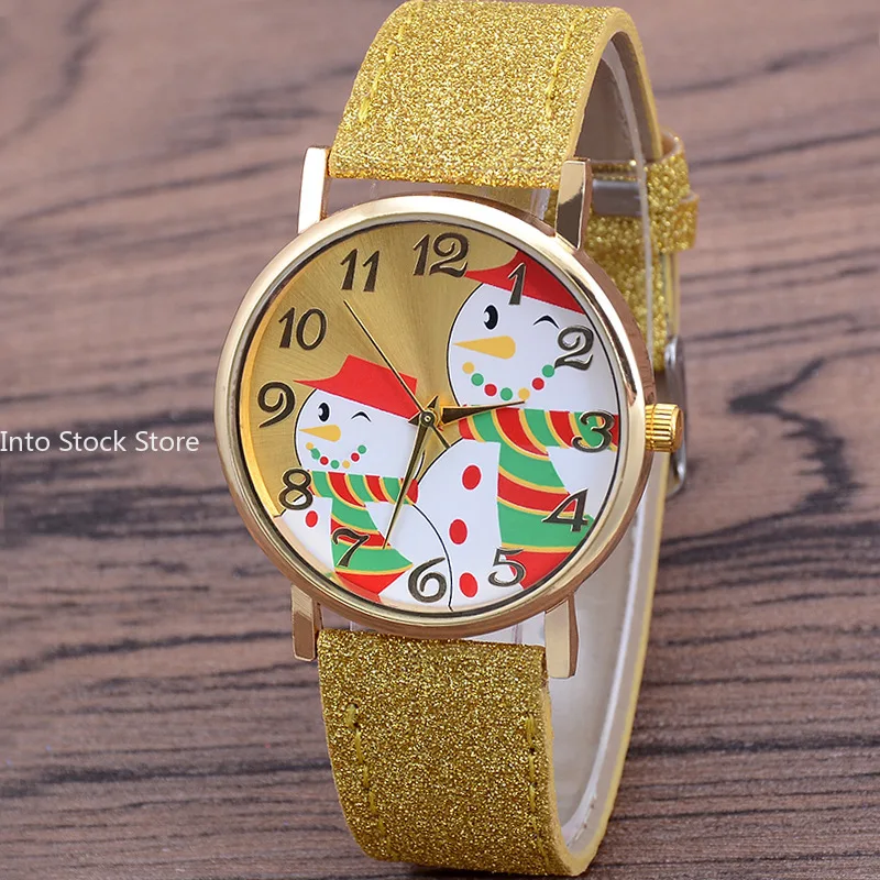 Christmas Snowman Women\'s Watches Casual Quartz Wristwatches Bright Color Leather Strap Quartz Watches Ladies Watch Reloj Mujer