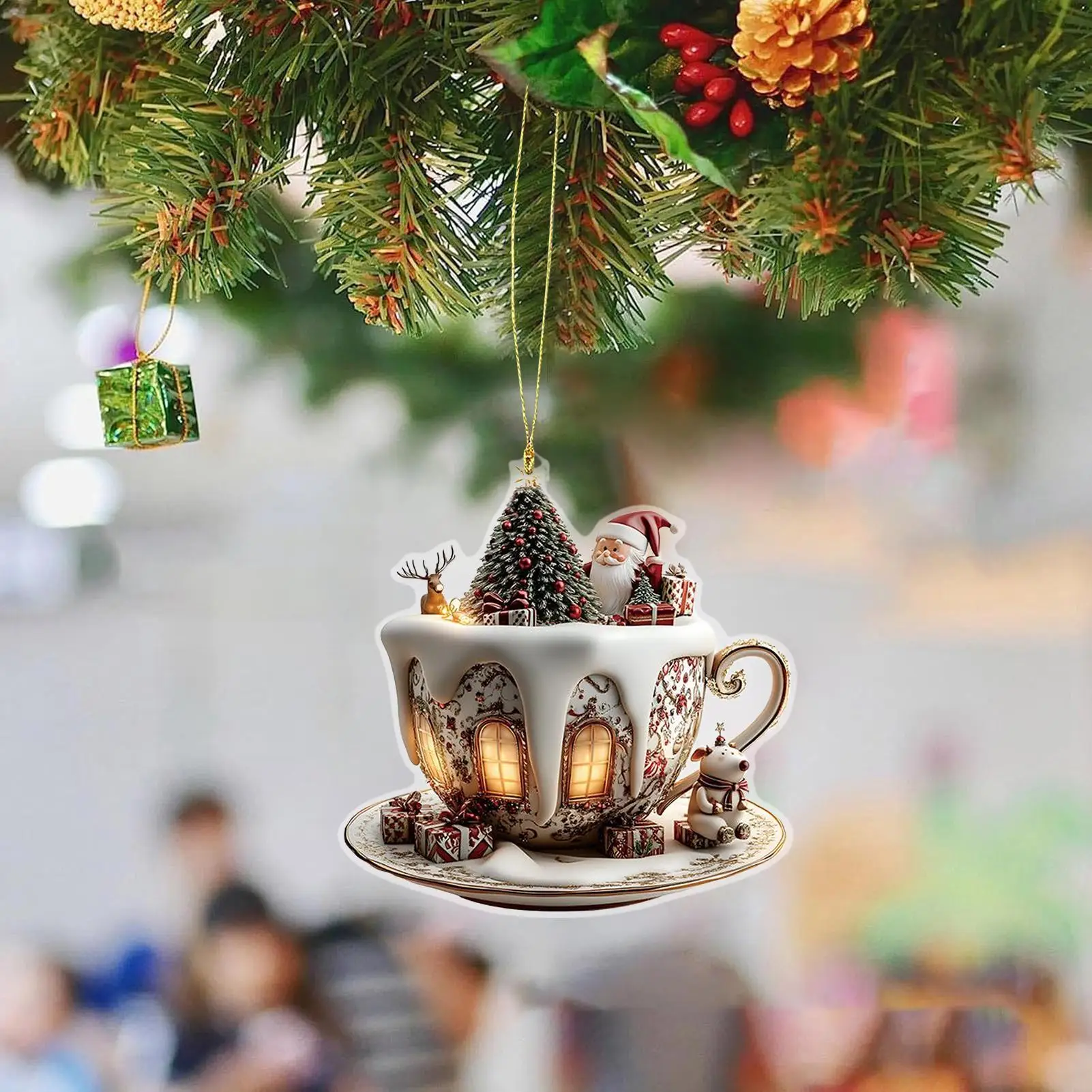 فنجان القهوة الحلي لشجرة عيد الميلاد 2D الاكريليك عيد الميلاد الثلوج منازل الشوكولاته القدح قلادة شجرة عيد الميلاد وديكور السيارة #1