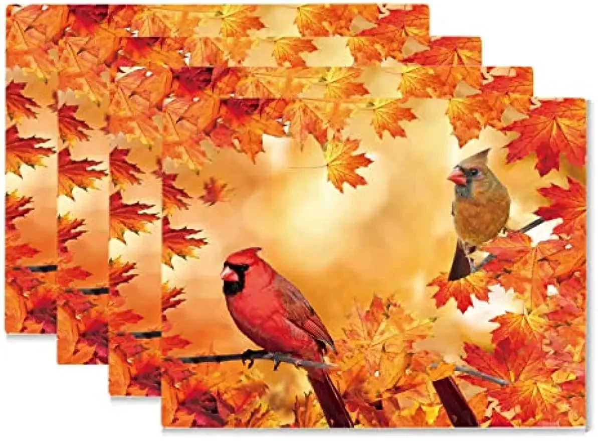 

Fall Placemats 12x18 Inch Cardinal Maple Leaf Autumn Harvest Holiday Table Dining Placemats Home Kitchen Decor Set of 4