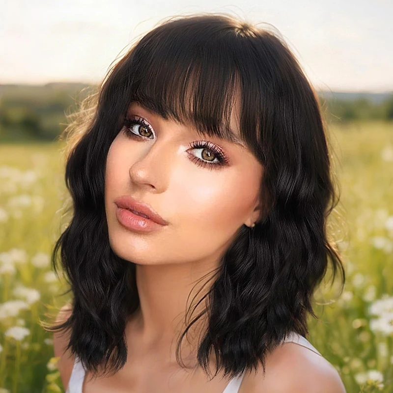 볼 헤드웨어 쇄골 헤어 가발 여성용 물결 모양 컬러풀 어깨 길이 헤어 파티 패션 드레스업 화학 섬유 짧은 곱슬머리