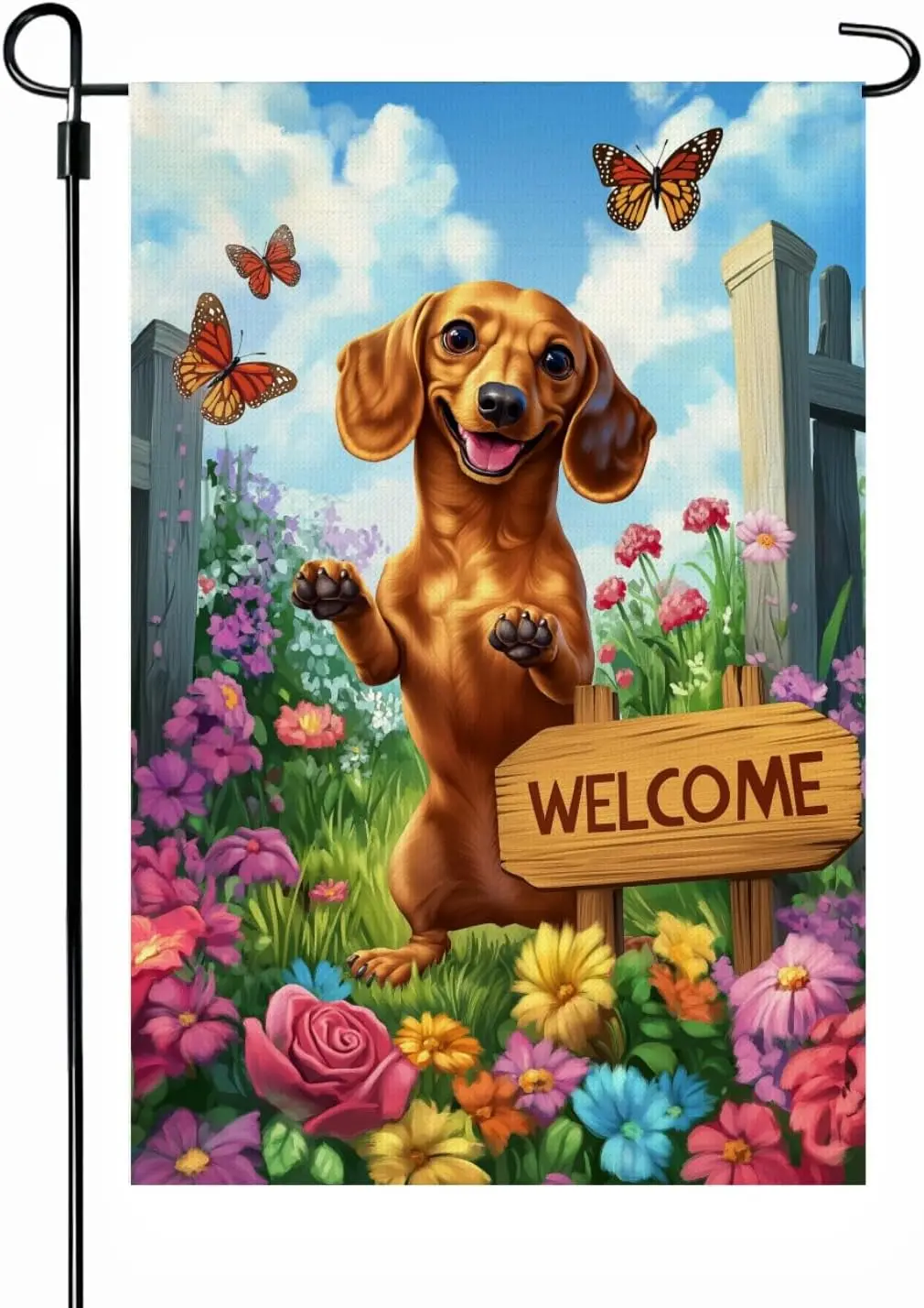 Cute Dachshund Welcome Dog Garden Flag, 12 x 18 Inch Burlap Double Side Print, Seasonal Farmhouse Lawn Yard Farmhouse Indoor SSL