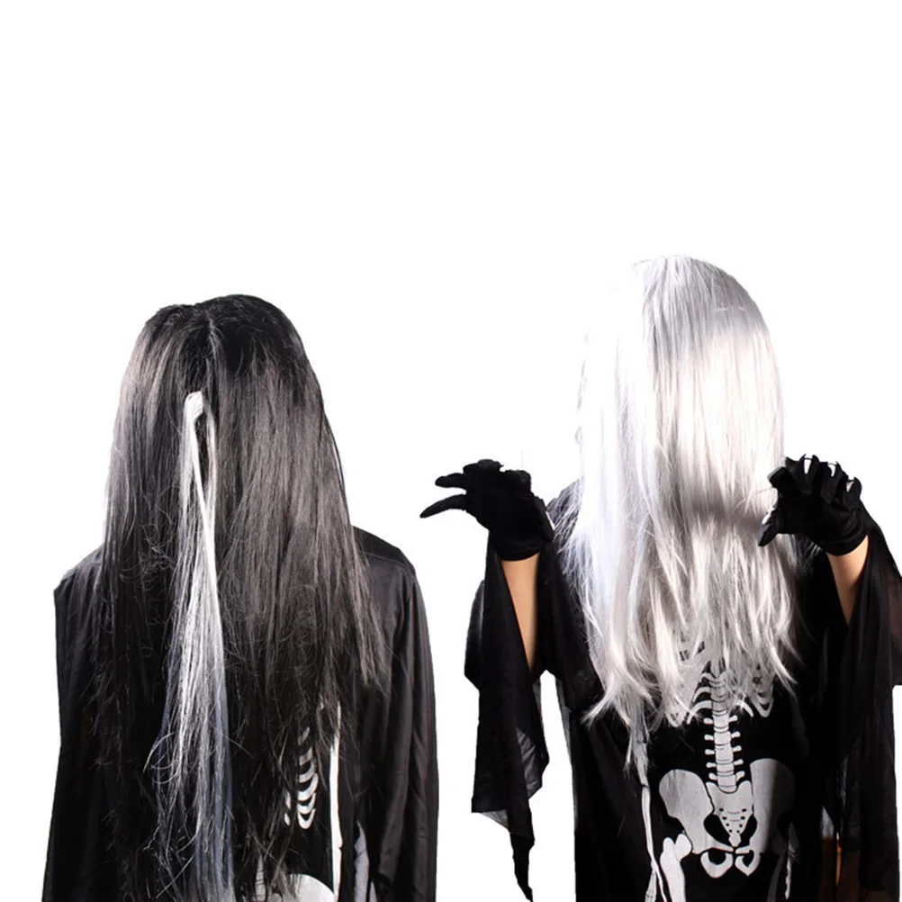 Bianco lungo rettilineo costume di Halloween festa fantasma decorazione per capelli strega cosplay travestimento spaventoso per donne uomini capelli raccapriccianti