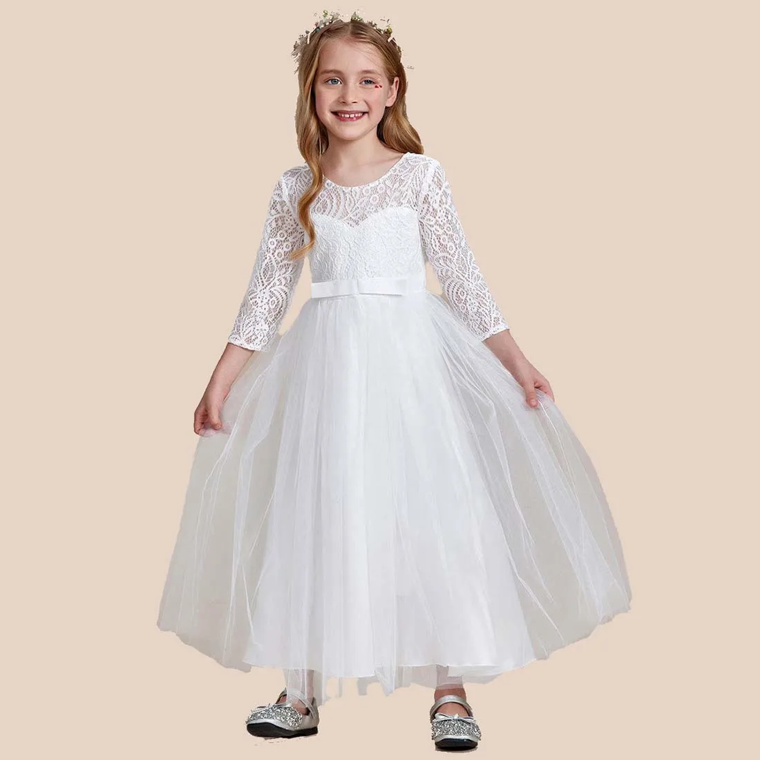 YZYmanualroom Charming Bow Lace Flower Girl Dress with Long Sleeves 2-15T