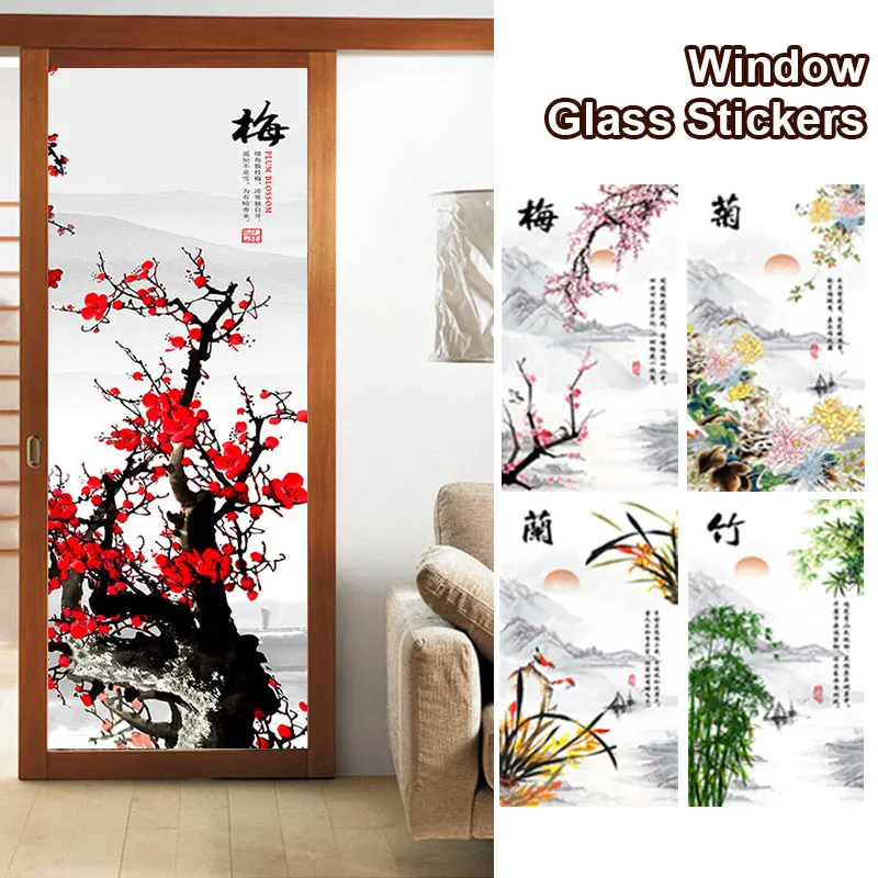 Chinese Ink Style Window Film Plum Blossom Orchid Bamboo Chrysanthemum Culture Privacy Window Film Static Cling Glass Sticker