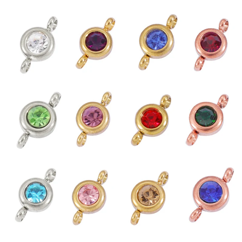 10pcs 6.5mm Stainless Steel Birthstones Pendants Crystal Rhinestone Charms Beads for Necklace Bracelet Jewelry Making DIY