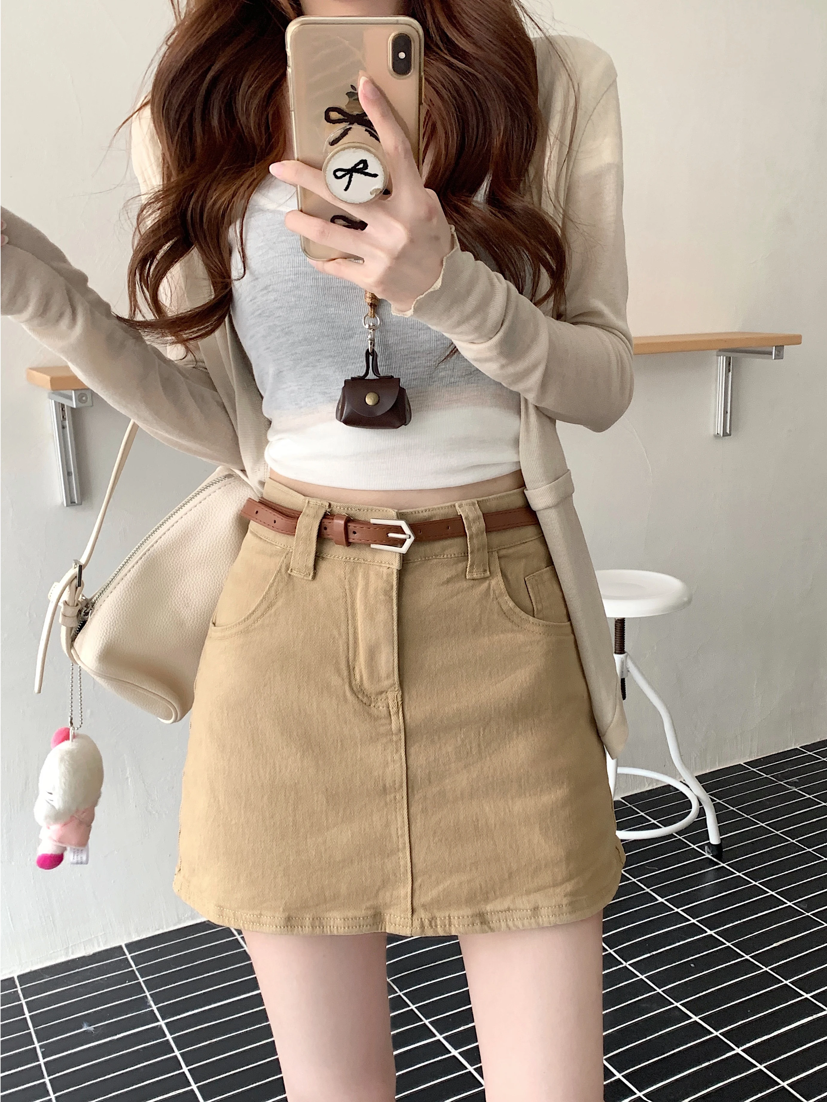 High Waist A-Line  Skirt Women's Denim Anti-Light Summer Slimming Khaki Color Commute Style with  Folded Hemline